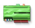 Loxone Miniserver Gen. 2, green DIN-rail controller with terminals, front view