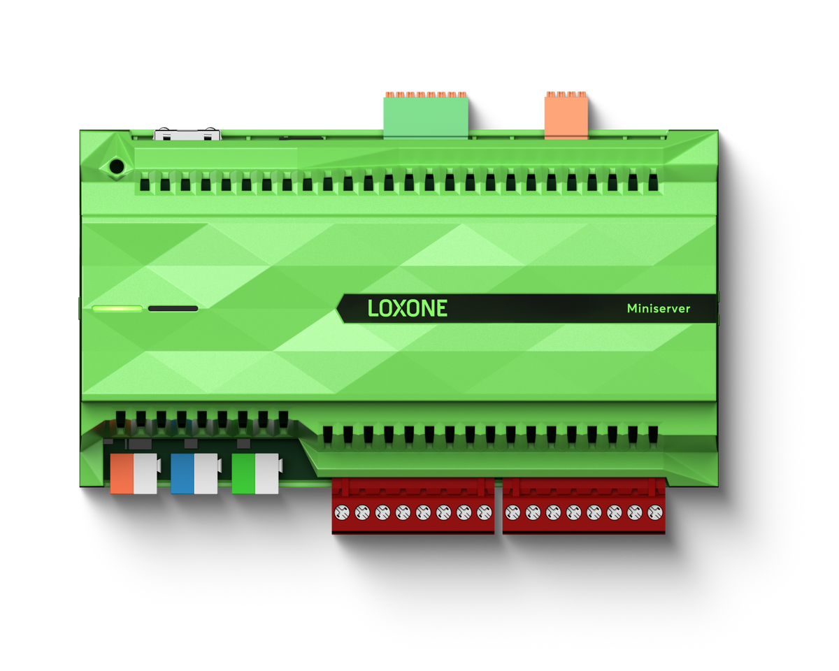 Loxone Miniserver Gen. 2, green DIN-rail controller with terminals, front view