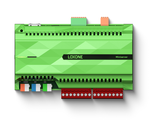 Loxone Miniserver Gen. 2, green DIN-rail controller with terminals, front view