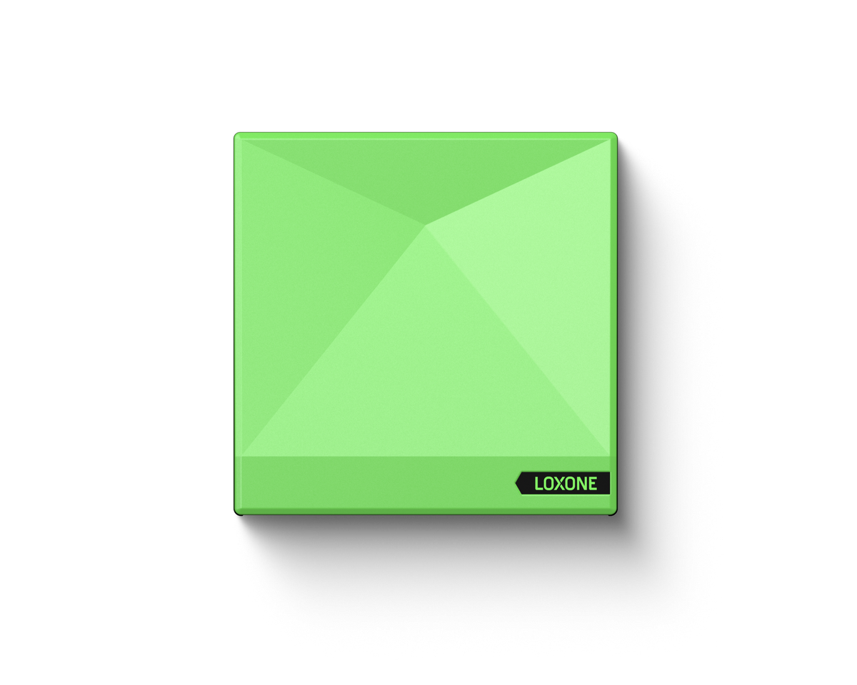 Loxone Miniserver Go Gen. 2 in its green square housing, front view