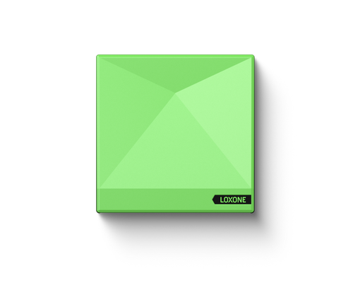 Loxone Miniserver Go Gen. 2 in its green square housing, front view