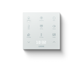Loxone Touch Pure Flex in white with a hotel bedroom button layout and clock display