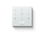 Loxone Touch Pure Flex in white with a hotel bedroom button layout and clock display