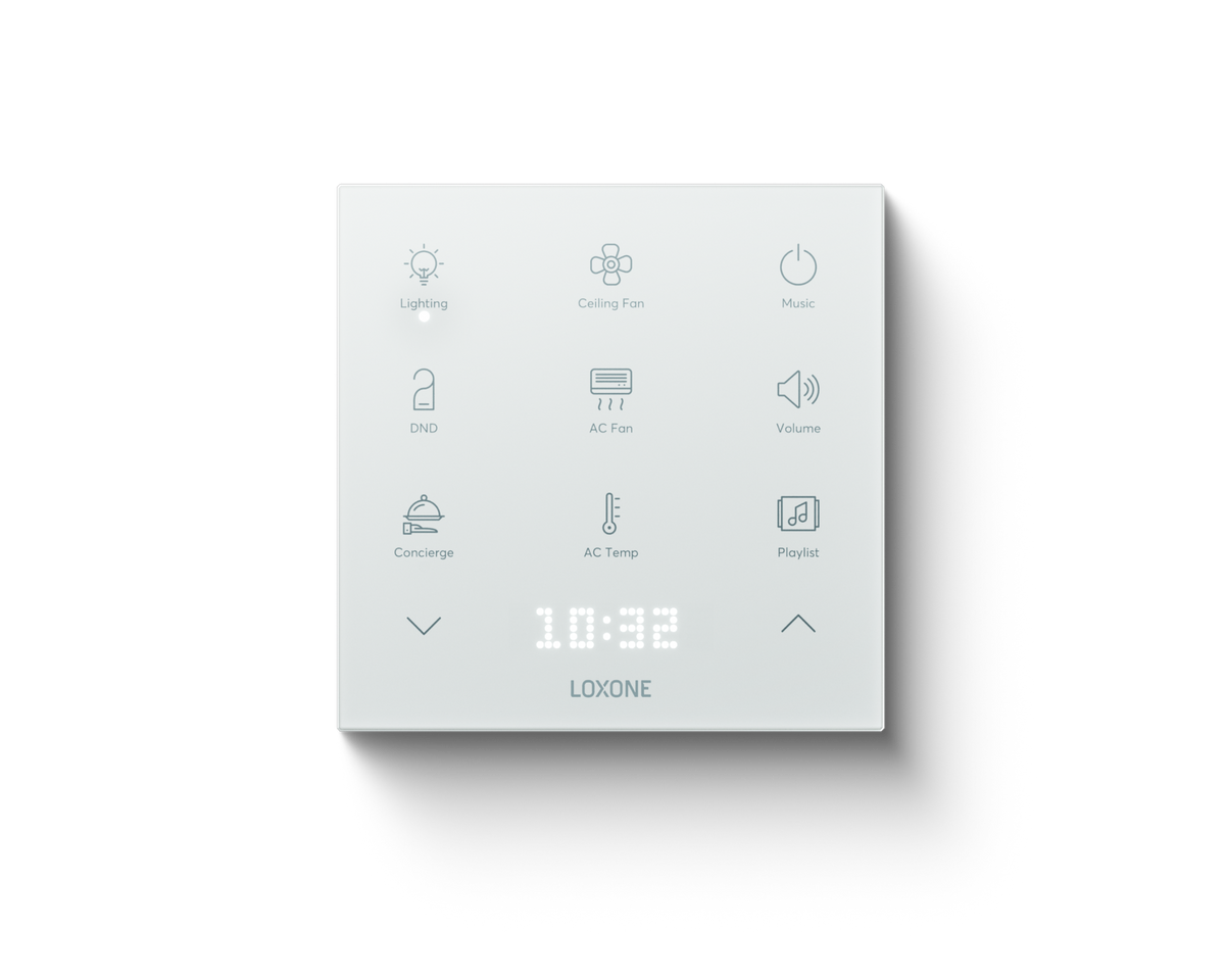 Loxone Touch Pure Flex in white with a hotel bedroom button layout and clock display