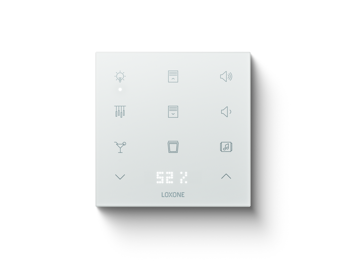 Loxone Touch Pure Flex in white with a kitchen button layout and display